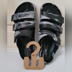 Sun + Stone Bowie Sandals Sliders Tie Dye Black and Gray Size 9 New